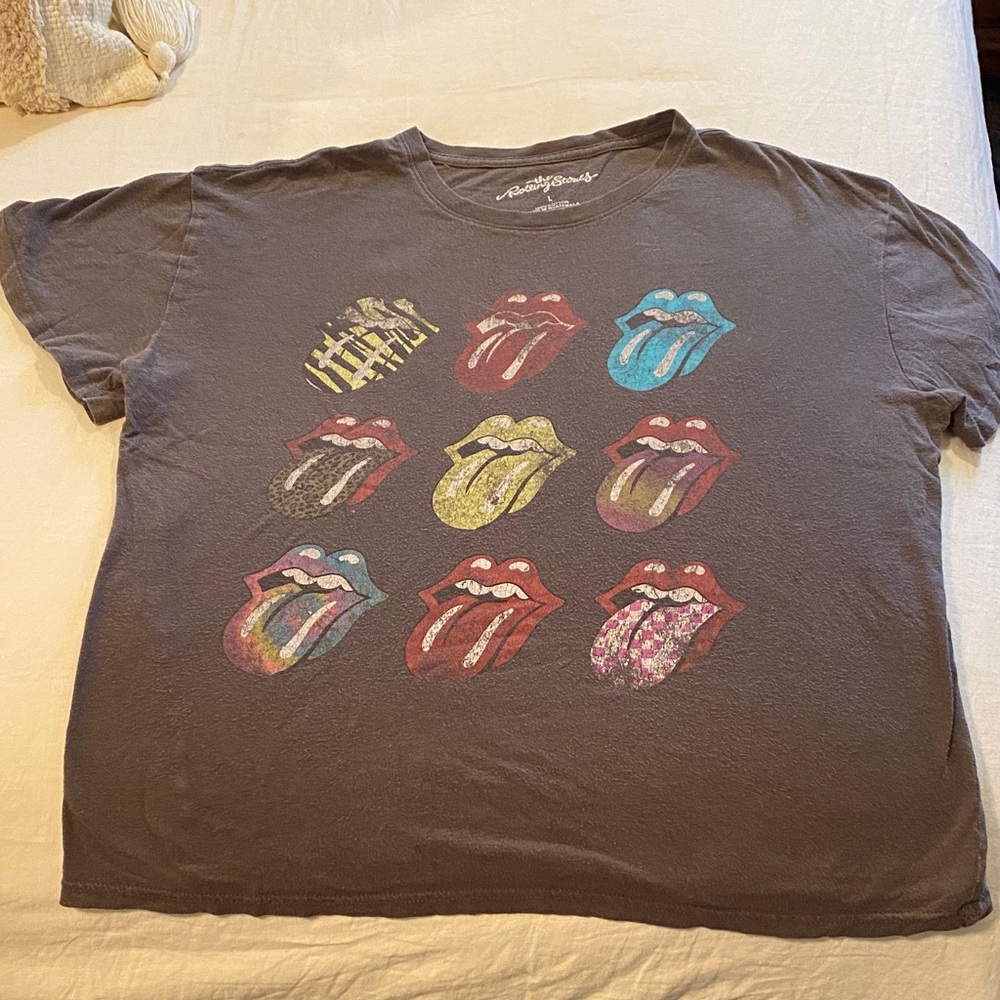 The Rolling Stones Gray Tee with Colorful Tongue Designs